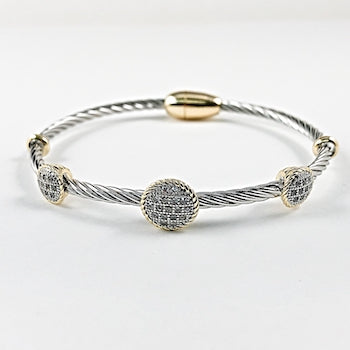 Pave multi circle disc cable wire magnetic band brass bangle