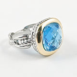 Square center aqumarine stone two tone brass ring