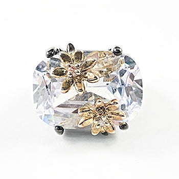 Nice Rectangle Center CZ With Floral Charm Black Rhodium Brass Ring