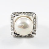 Beautiful Center Pearl Square Micro CZ Frame Silver Ring