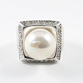 Beautiful Center Pearl Square Micro CZ Frame Silver Ring