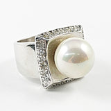 Beautiful Center Pearl Square Micro CZ Frame Silver Ring
