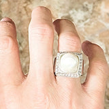 Beautiful Center Pearl Square Micro CZ Frame Silver Ring