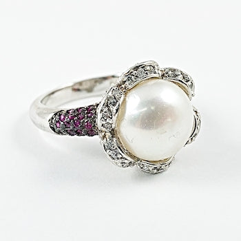 Unique Center Pearl Floral Frame Red Micro CZ Band Silver Ring