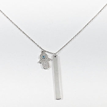 Elegant Delicate Evil Eye Hamsa Hand & Bar Charm Silver Necklace