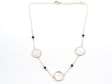 Elegant Round Disc Mother Or Pearl With Small Black Onyx Round Discs Gold Tone Long Brass Necklace