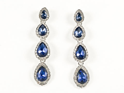Fancy 4 Level Long Tear Drop Shape Sapphire Color Stones Fashion Earrings