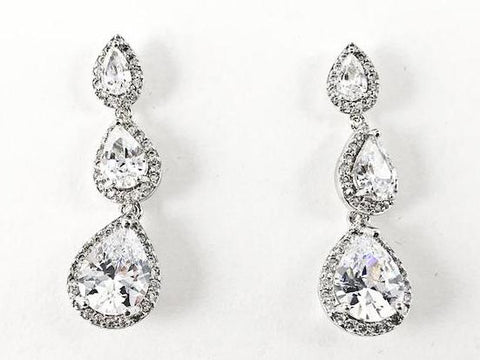 Classic Fancy 3 Size & Level Tear Drop Dangle CZ Brass Earrings