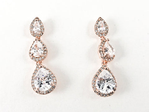 Classic Fancy 3 Size & Level Tear Drop Dangle Pink Gold Tone CZ Brass Earrings