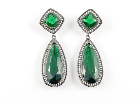 Classic Elegant Green CZ Dangle Brass Earrings