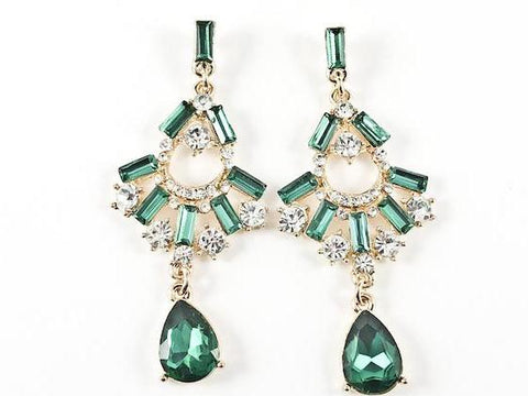 Fancy Stylish Chandelier Pear Shape Drop Emerald Color & Gold Tone Fashion Earrings