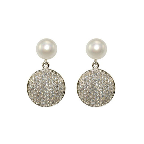Classic Pearl With Pave Round Disc Drop Brass Earring