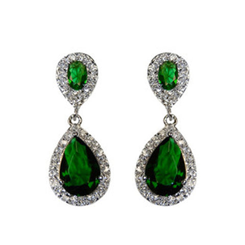Classic Drop Design With 2 Center Emerald Color CZ Brass Earrings