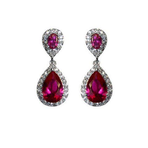 Classic Drop Design With 2 Center Ruby Color CZ Brass Earrings