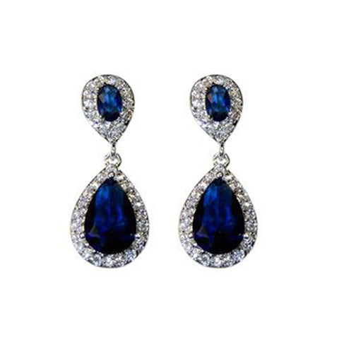 Classic Drop Design With 2 Center Sapphire Color CZ Brass Earrings