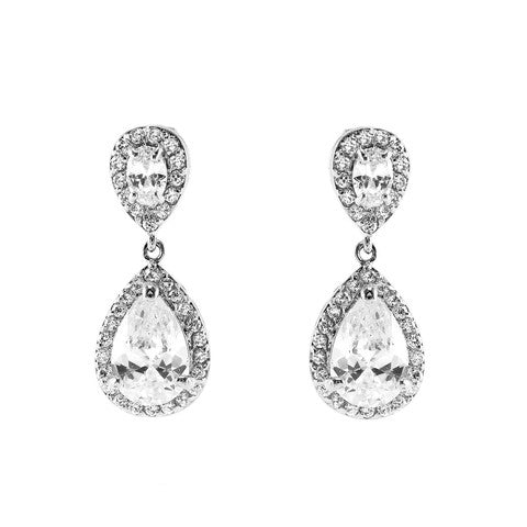 Classic Drop Design With 2 Center Clear CZ Brass Earrings