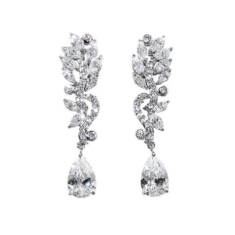 Creative Stylish Elegant Floral Design Long Dangle CZ Brass Earrings