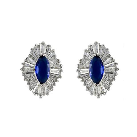 Classic Elegant Diamond Form Baguette Setting Sapphire Color CZ Stud Brass Earrings