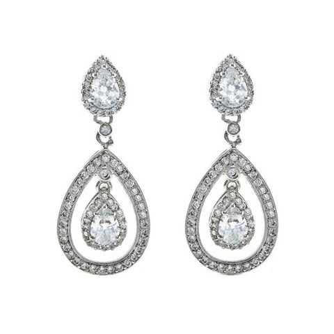 Elegant Classic Layered Pear Shape Design CZ Dangle Statement Brass Earrings