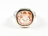 Modern Square Shape Center Amber Color CZ Gold Tone Frame Wire Band Texture Brass Ring