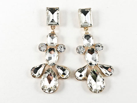 Fancy Large Mix Shape Crystal Stones Design Pattern Gold Tone Dangle Fashion Earrings