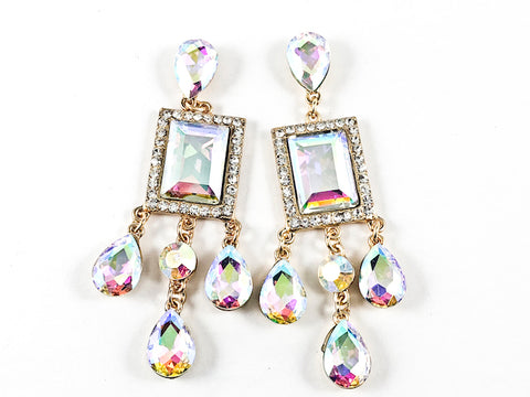 Stylish Modern Rectangle & Pear Shape Aurora Borealis Crystal Stone Drop Gold Tone Fashion Earrings
