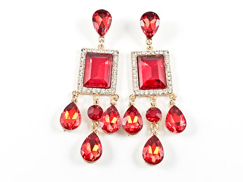 Stylish Modern Rectangle & Pear Shape Ruby Color Stone Drop Fashion Earrings