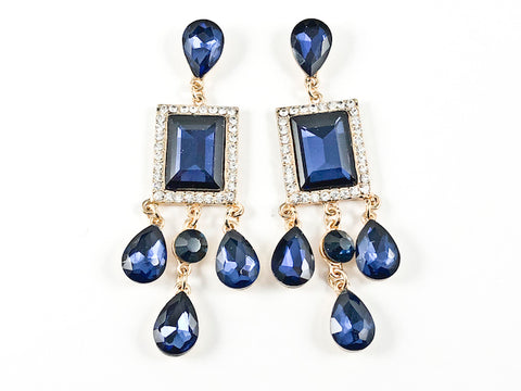 Stylish Modern Rectangle & Pear Shape Sapphire Crystal Stone Drop Gold Tone Fashion Earrings