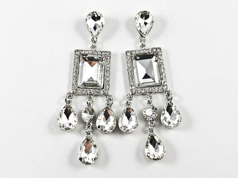 Stylish Modern Rectangle & Pear Shape Stone Drop Fashion Earrings