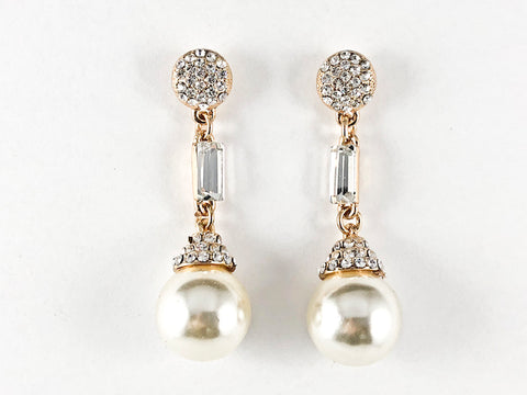 Fancy Slim Crystal Disc With Dangle Pearl Fashion Earrings