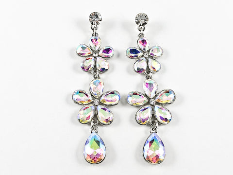 Fancy Multi Level Drop With 2 Level Clover Design Aurora Borealis Color Fashion Earrings