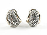 Unique Center Bead Textured Curved Oval Shape Two Tone Brass Clip On Earrings