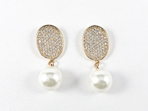 Stylish Gold Tone Oval Disc With Pearl Drop Brass Earrings