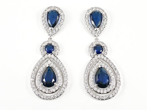 Classic Pear Shape Double Layer Center Sapphire CZ With Clear CZ Frame Dangle Brass Earrings