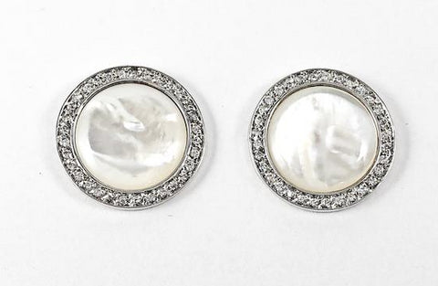 Beautiful Elegant Round Center Mother Of Pearl Stone CZ Frame Stud Brass Earrings