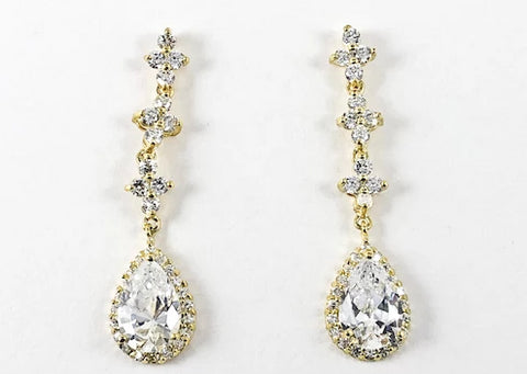 Elegant Thin Mix Shape CZ Pear Shape Bottom Dangle Gold Tone Brass Earrings