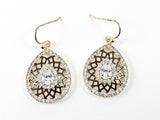 Elegant Pear Shape Open Black Cage Design CZ Dangle Gold Tone Fish Hook Brass Earrings