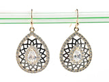 Elegant Pear Shape Open Black Cage Design CZ Dangle Gold Tone Fish Hook Brass Earrings