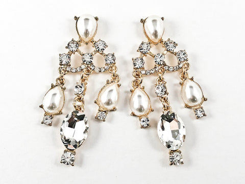 Unique Antique Style Pearl & Crystal Chandelier Design Gold Tone Fashion Earrings