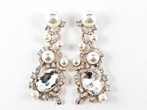 Beautiful Fancy Dangle Pearl & Crystal Vintage Gold Tone Fashion Earrings