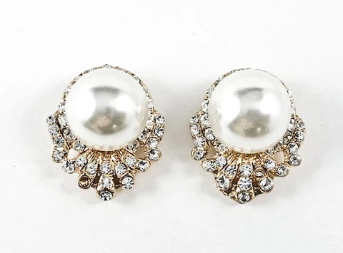 Fancy Large Pearl With Bottom Crystal Design Gold Tone Fashion Earrings
