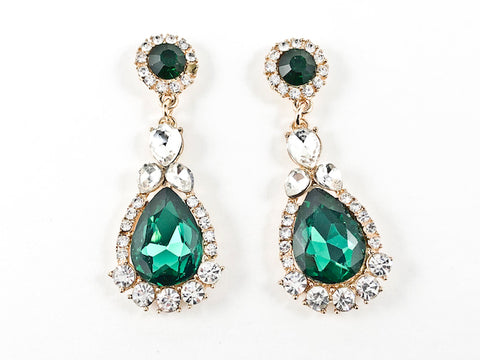 Stylish Elegant Round & Pear Shape Green Color Crystal Dangle Gold Tone Fashion Earrings