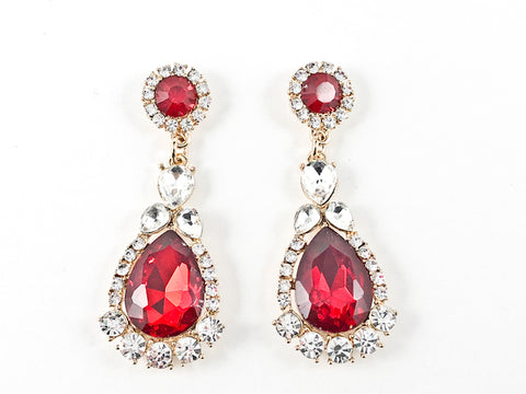 Stylish Elegant Round & Pear Shape Red Color Crystal Dangle Gold Tone Fashion Earrings