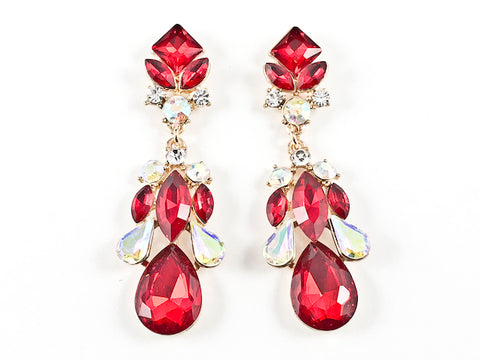 Fancy Long Slender Stylish Ruby Color Dangle Gold Tone Fashion Earrings