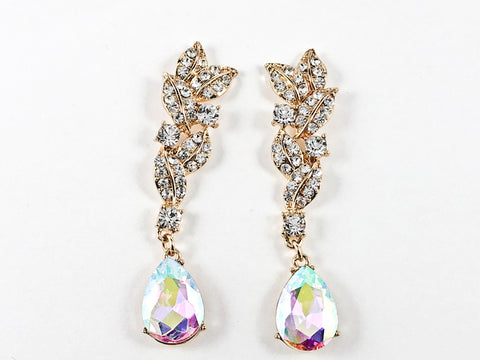 Fancy Long Floral Dangle Aurora Borealis Crystals Gold Tone Fashion Earrings