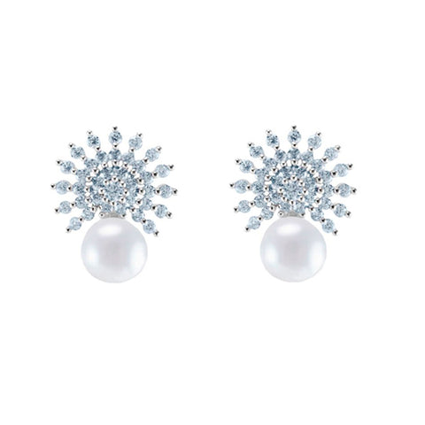 Classic Unique Sun Design With Pearl CZ Brass Earrings