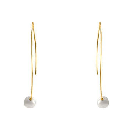 Unique Fish Hook Style Long Dangle Pearl Gold Tone Brass Earrings