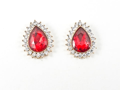 Fancy Large Pear Pear Shape Red Color Stone With Mini Crystal Frame Brass Earrings