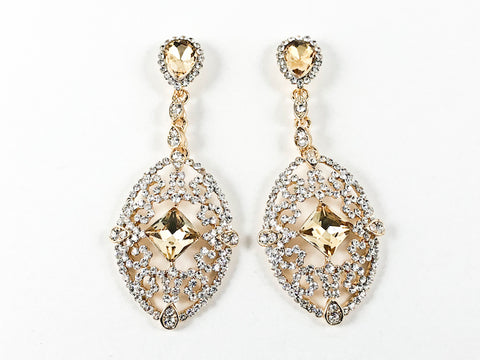 Fancy Long Unique Oval Shape Vintage Style Gold Tone With Topaz Color Stones Drop Fashion Earrings