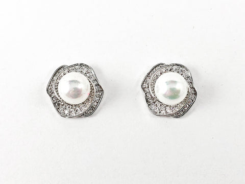 Classic Floral Background With Center Pearl CZ Brass Earrings